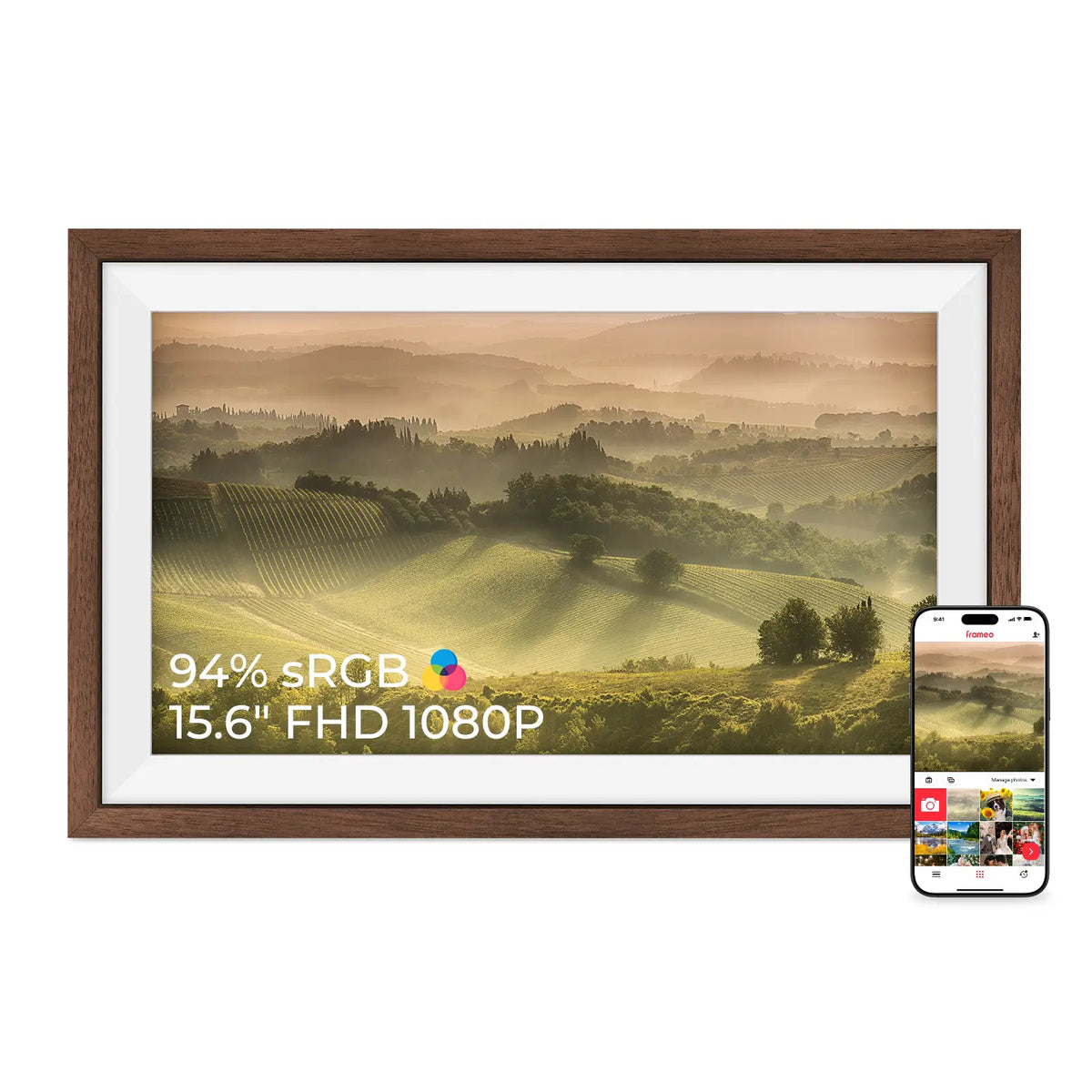 Frameo WiFi Digital Picture Frame 15.6" - Walnut Wood