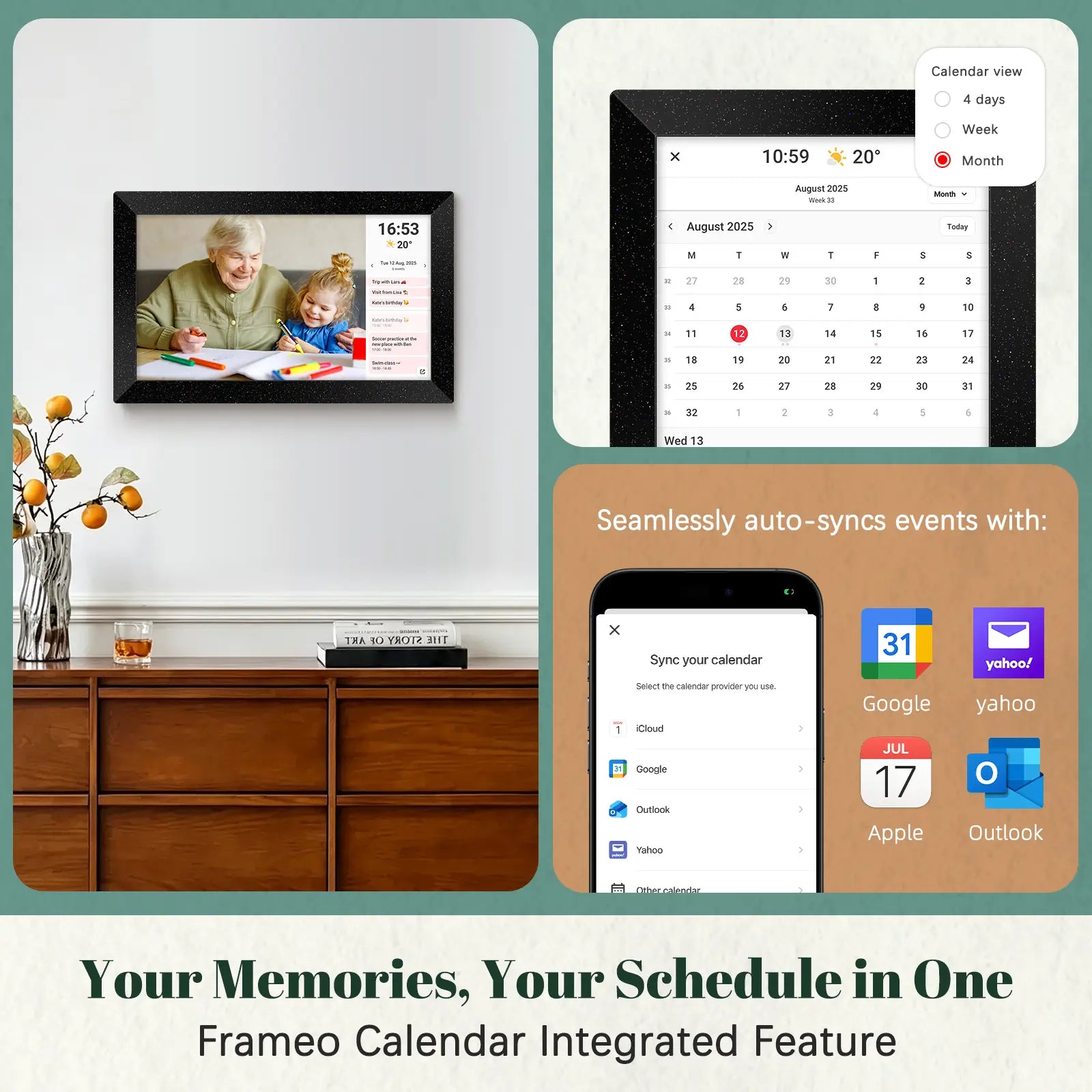 Frameo digital picture frame with calendar